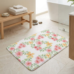 Pink Orange Green Watercolor Wildflower Bath Mat