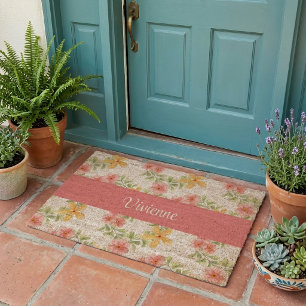 Pink Orange Green Watercolor Wildflower Name Fiber Doormat