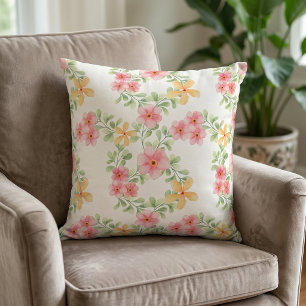 Pink Orange Green Watercolor Wildflower Throw Pillow