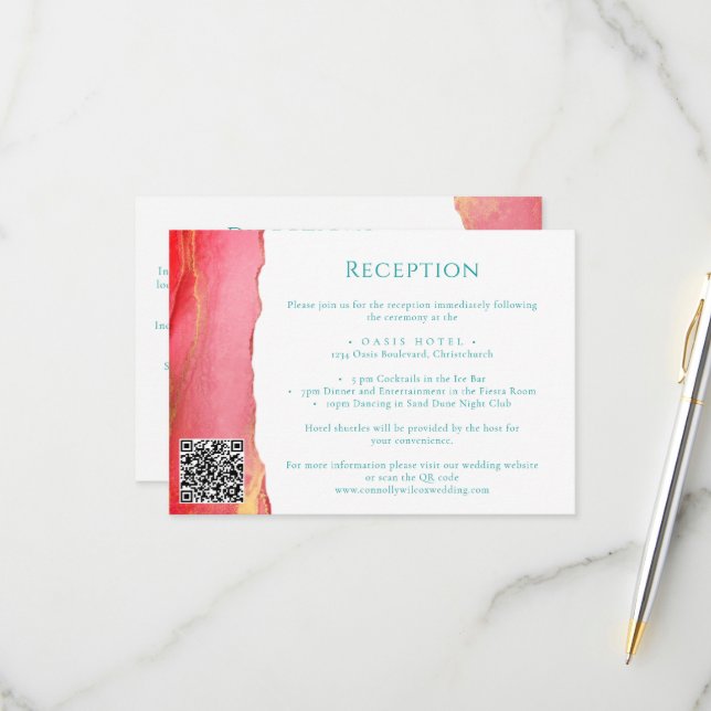 Pink Orange Green Wedding Information Card (Front/Back In Situ)