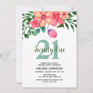 Pink Orange Greenery Spring Flower 21st Birthday Invitation