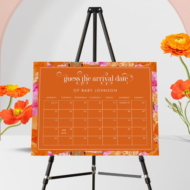 Pink & Orange Guess the Due Date Baby Shower Sign (Creator Uploaded)
