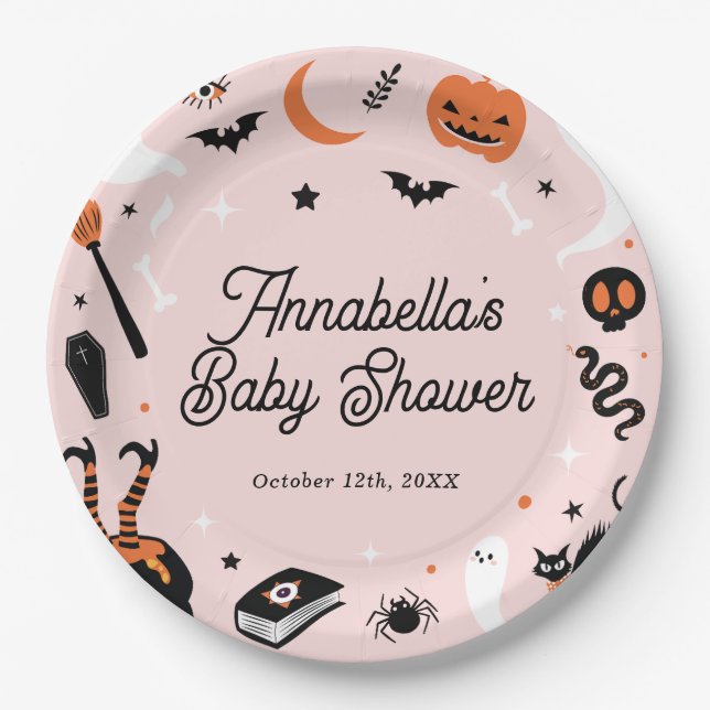 Pink Orange Halloween Baby Shower Paper Plates (Front)