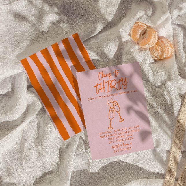 Pink Orange Hand Drawn 30th Whimsical Birthday Invitation (Creator Uploaded)