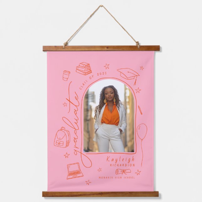Pink Orange Hand Drawn Photo Graduation  Hanging Tapestry (Front)