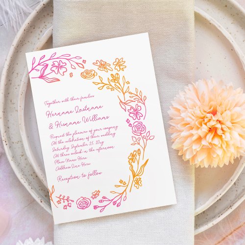 Pink Orange Hand Drawn Simple Botanical Wedding Invitation