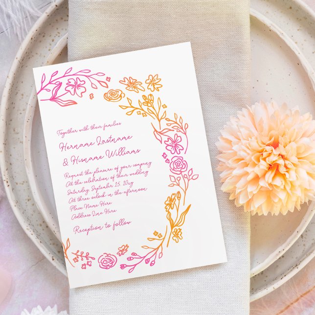 Pink Orange Hand Drawn Simple Botanical Wedding Invitation (Creator Uploaded)