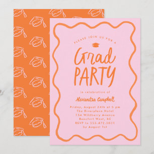 Pink Orange Hand Drawn Squiggle Graduation Party Invitation