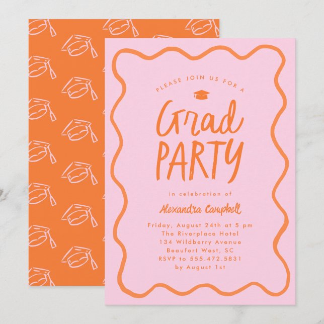 Pink Orange Hand Drawn Squiggle Graduation Party Invitation (Front/Back)
