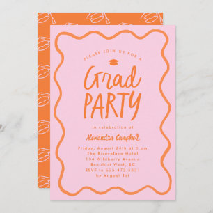 Pink Orange Hand Drawn Squiggle Graduation Party Invitation