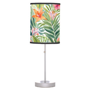 Pink Orange Hawaiian Flowers Palm Leaves Table Lamp