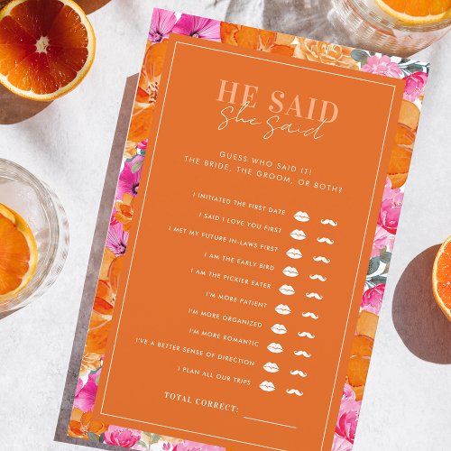 Pink Orange He Said She Said Bridal Shower Game