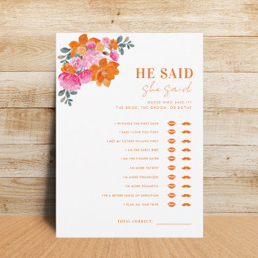 Pink Orange He Said She Said Bridal Shower Game Invitation