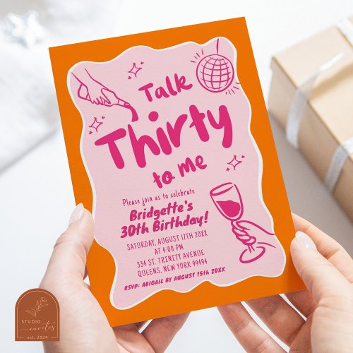 Pink Orange Illustrated Vintage 30th Birthday Invitation