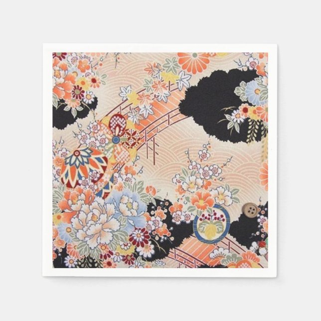 Pink Orange Japanese Kimono Floral Decoupage Paper Napkins (Front)