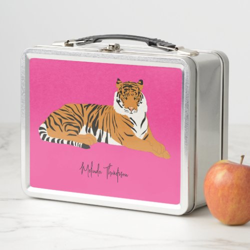 Pink Orange Jungle Safari Tiger Animal Trendy Metal Lunch Box