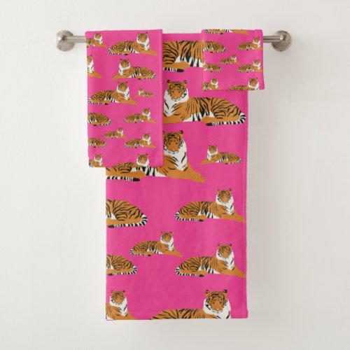 Pink Orange Jungle Tiger Animal Pattern   Bath Towel Set