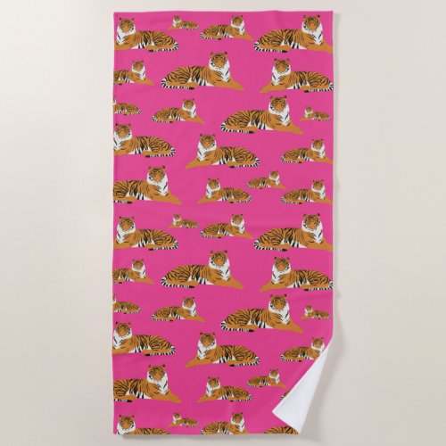 Pink Orange Jungle Tiger Animal Pattern  Beach Towel