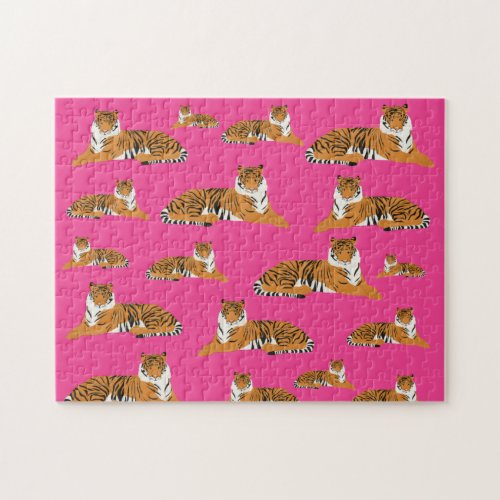 Pink Orange Jungle Tiger Animal Pattern   Jigsaw Puzzle