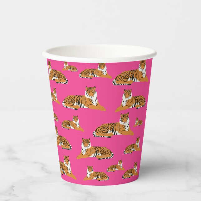 Pink Orange Jungle Tiger Animal Pattern  Paper Cups (Front)