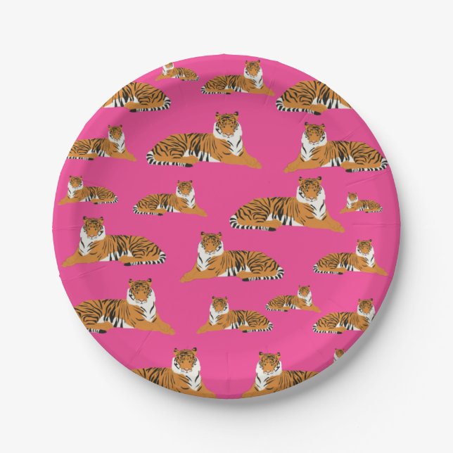 Pink Orange Jungle Tiger Animal Pattern  Paper Plates (Front)