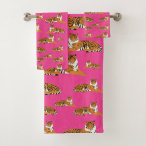 Pink Orange Jungle Tiger Animal Stylish Bath Towel Set