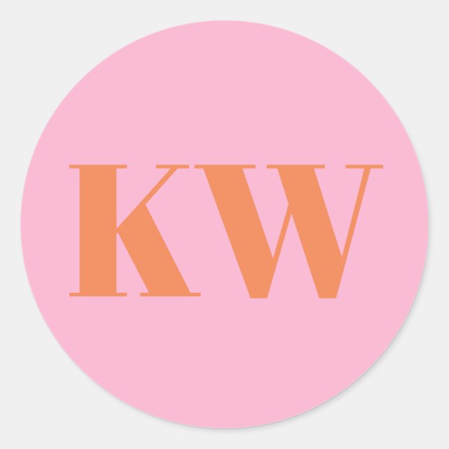 Pink Orange Large Monogrammed Initial Personalized Classic Round Sticker (Front)