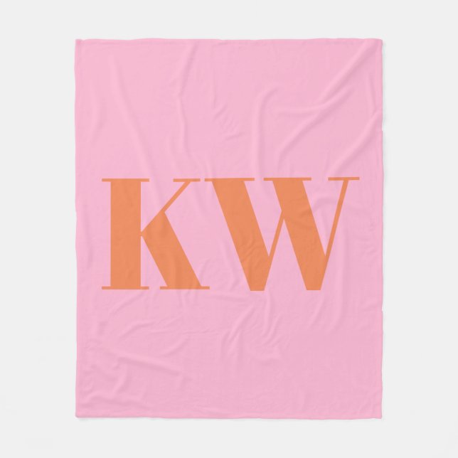 Pink Orange Large Monogrammed Initial Personalized Fleece Blanket (Front)