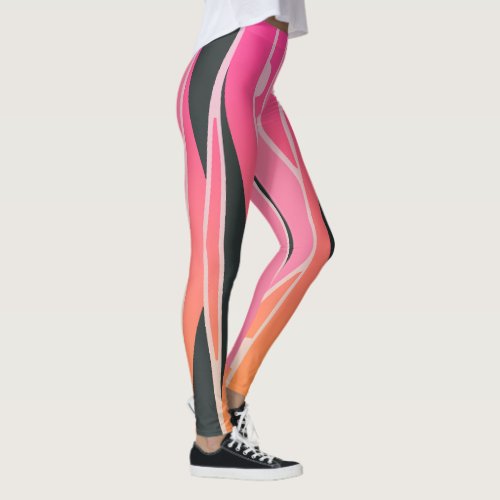 Pink  Orange Leggings With Wavy Black Stripes