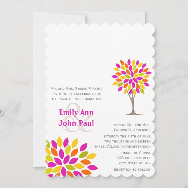 Pink Orange Lemon Green Rustic Tree Flower Wedding Invitation (Front)