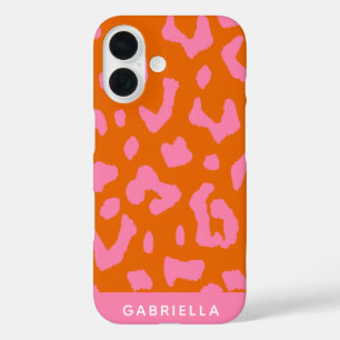 Pink Orange Leopard Print Pattern Personalized iPhone 16 Case