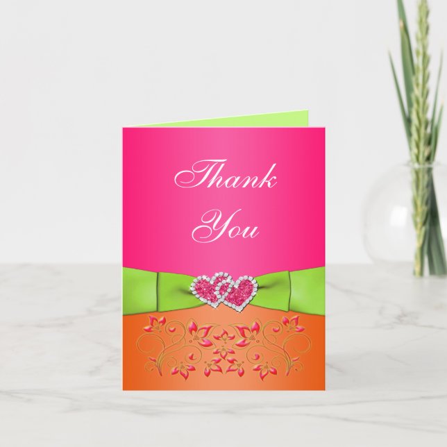Pink Orange Lime Floral Hearts Thank You Note Card (Front)