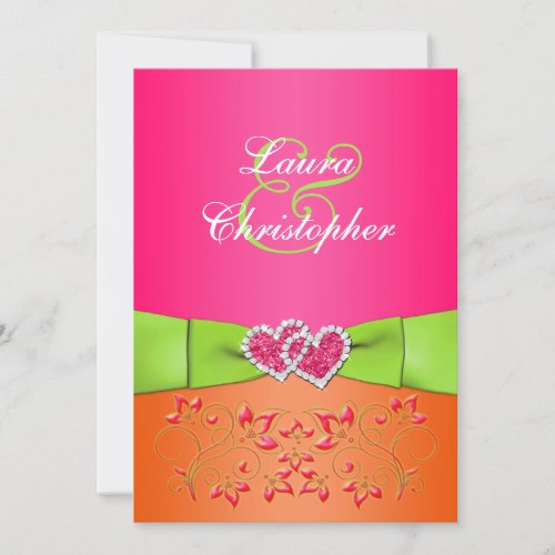Pink Orange Lime Floral Joined Hearts Invitation 2