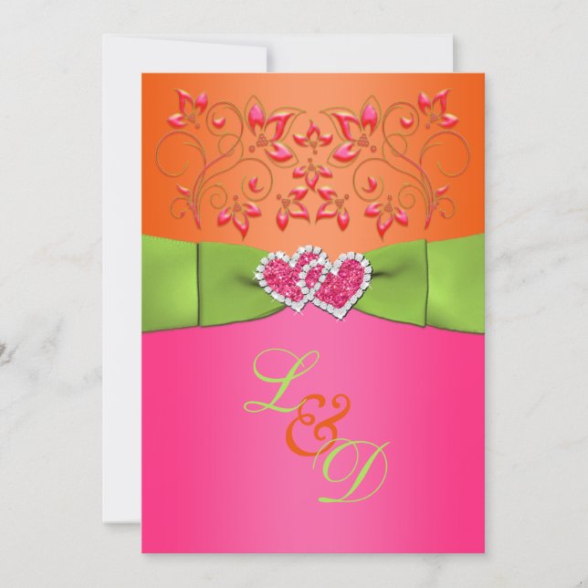 Pink, Orange, Lime Floral Joined Hearts Invite 2 (Front)