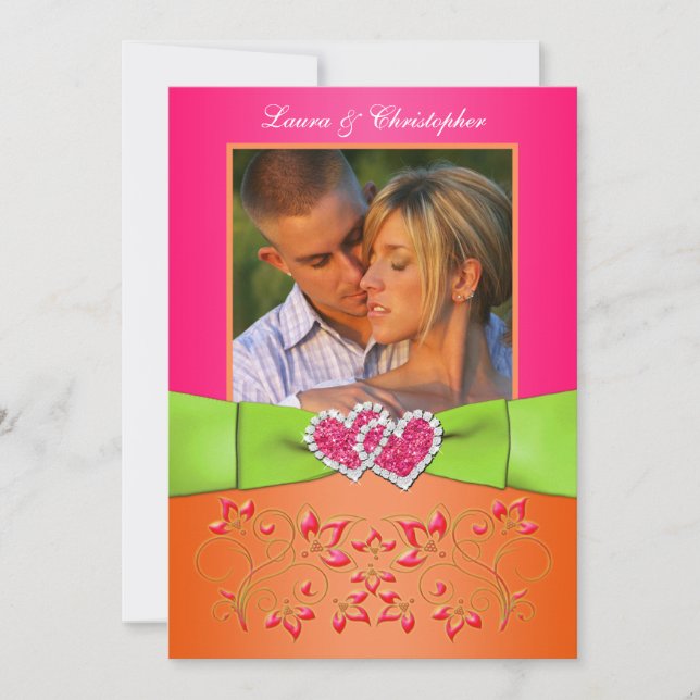 Pink Orange Lime Floral Joined Hearts PHOTO Invite (Front)