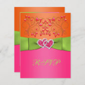 Pink, Orange, Lime Floral Joined Hearts RSVP Card (Front/Back)