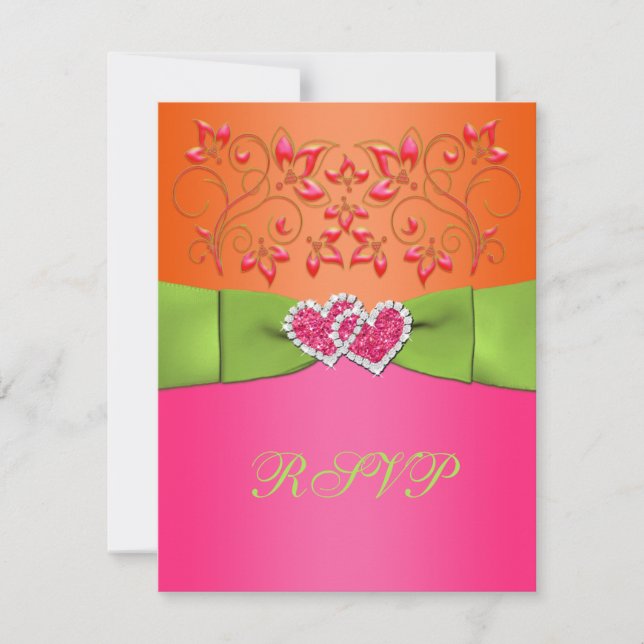 Pink, Orange, Lime Floral Joined Hearts RSVP Card (Front)