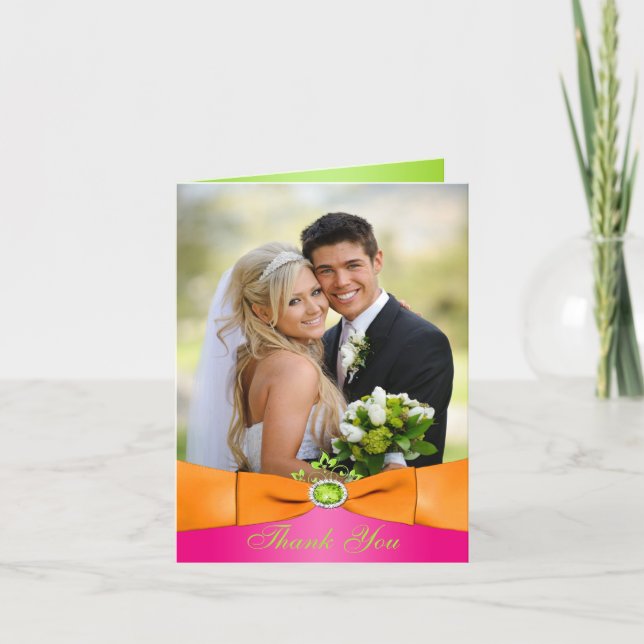 Pink Orange Lime Floral Photo Thank You Note Card (Front)
