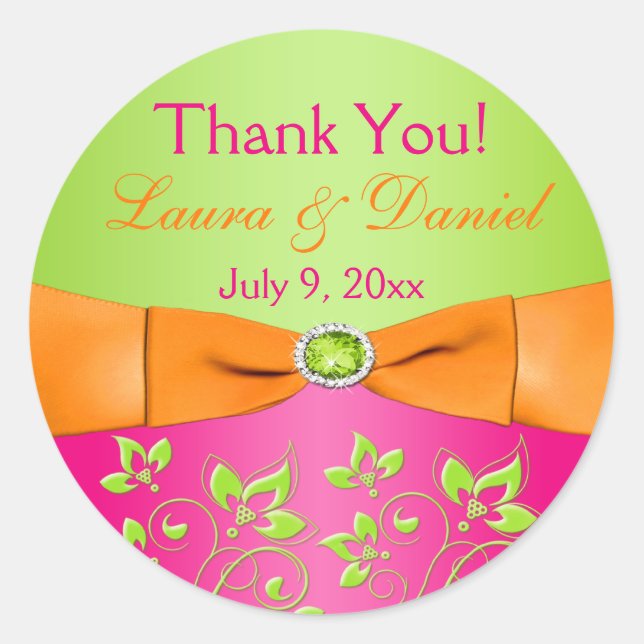 Pink Orange Lime Floral Wedding Favor Sticker (Front)
