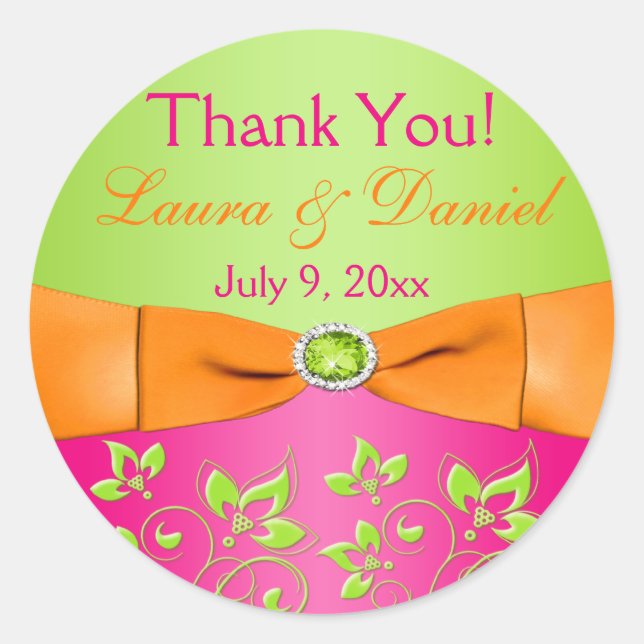 Pink Orange Lime Floral Wedding Favor Sticker (Front)