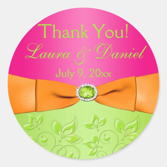 Pink Orange Lime Floral Wedding Favor Sticker (Front)