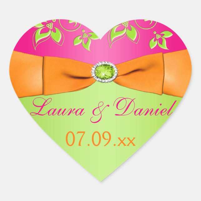 Pink Orange Lime Floral Wedding Favor Sticker (Front)