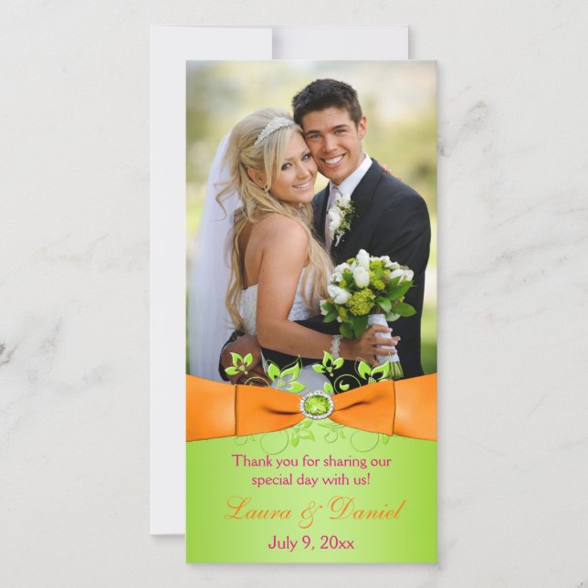 Pink Orange Lime Floral Wedding Photo Card (Front)