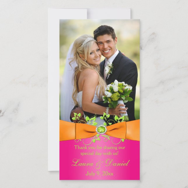 Pink Orange Lime Floral Wedding Photo Card 2 (Front)