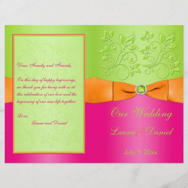 Pink, Orange, Lime Floral Wedding Program (Front)