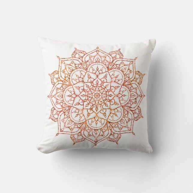 Pink & Orange Mandala on White Glam Beauty Throw Pillow (Front)