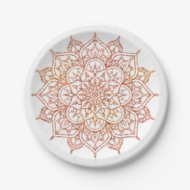 Pink & Orange Mandala on White Glam Paper Plates (Front)