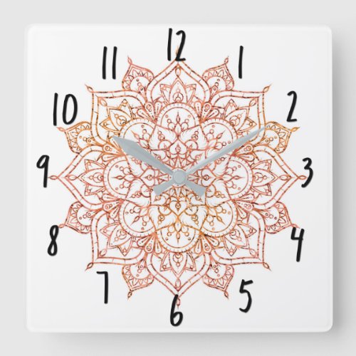 Pink  Orange Mandala on White Glam Square Wall Clock