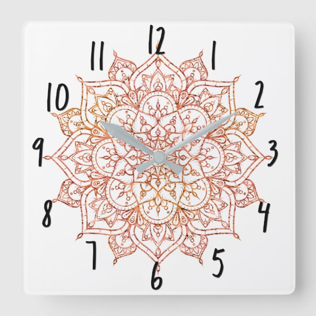 Pink & Orange Mandala on White Glam Square Wall Clock (Front)