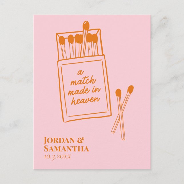 Pink & Orange Match Made in Heaven Save the Date Postcard (Front)